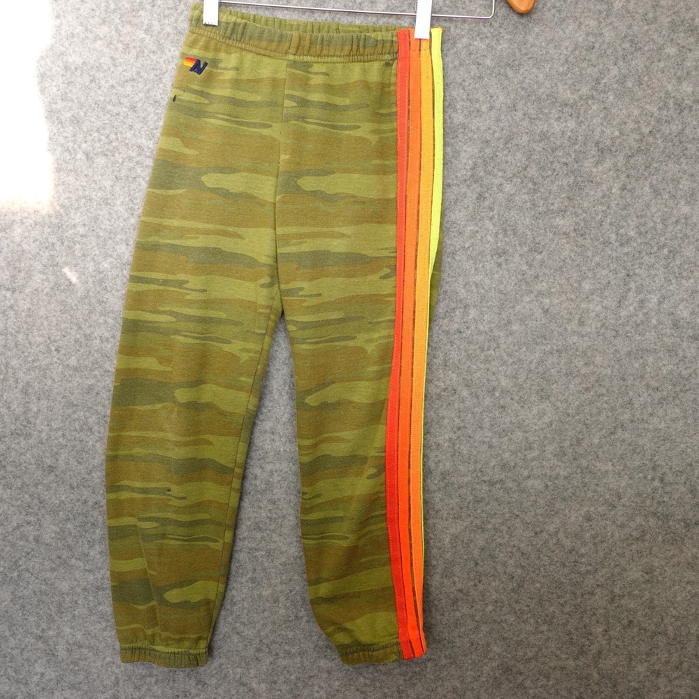Aviator Nation Sweatpants Kids 10 Green Camo Rainbow Stripe Jogger 23x23 FLAWED